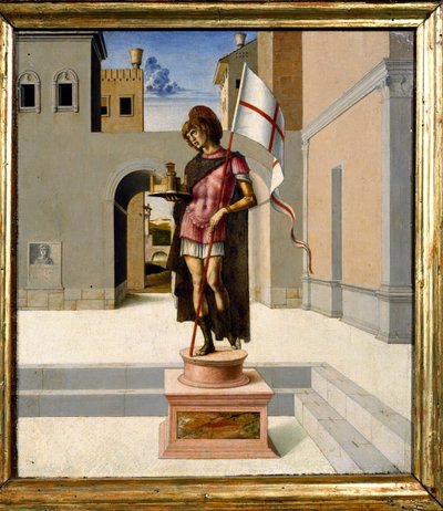Saint Georges représenté comme une statue polychrome sur une place de ville, prédelle - Giovanni Bellini